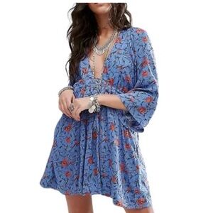 Free People Tallulah Blue/Red Floral Boho Mini Dress